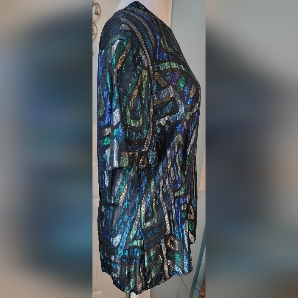 Christian Dior 80s Vintg Semi Sheer Blouse Womens 14 Black Multi Metallic Retro - Picture 5 of 13